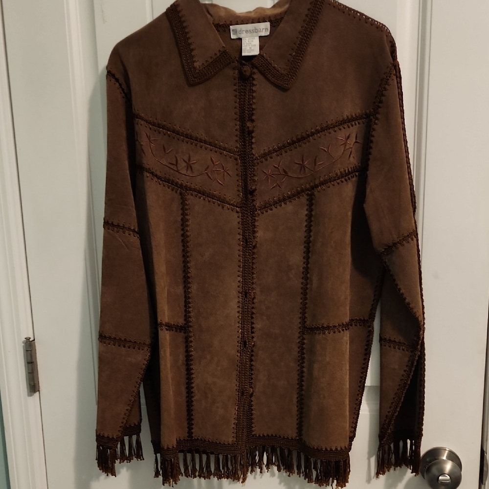 dressbarn Brown Leather Jacket with Fringe